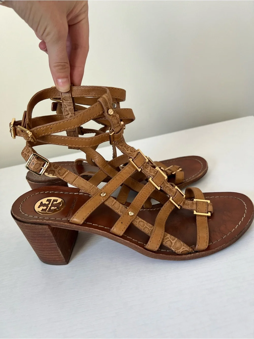 Tory Burch Reggie Leather Brown Tan block heel gladiator sandals size 8.5